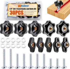 weideer 30PCS 1/4"-20 T Track Bolts and Knobs Kit,T Track Accessories,1/4"-20 Threaded Knobs T Slot Bolts and Washers for Woodworking Jigs and Fixtures